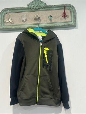 Nike Olive Green, Black & Neon color lock Zip-Up track jacket w hood boys 7 kids